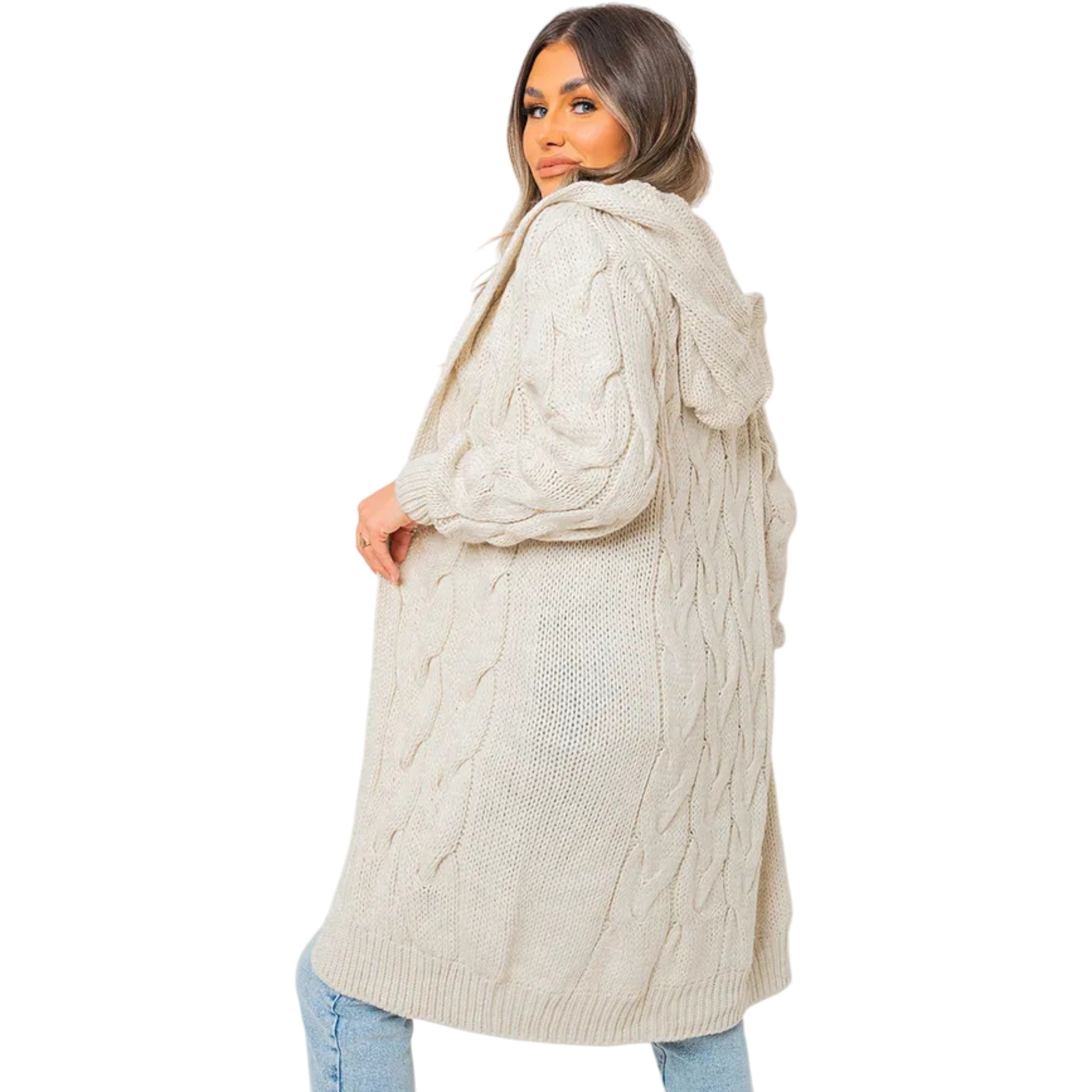 Ladies Italian Beige cable knit open-front longline cardigan for women